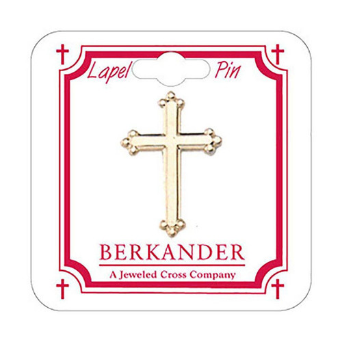 Gold Plated Budded Cross Lapel Pin shown on display card