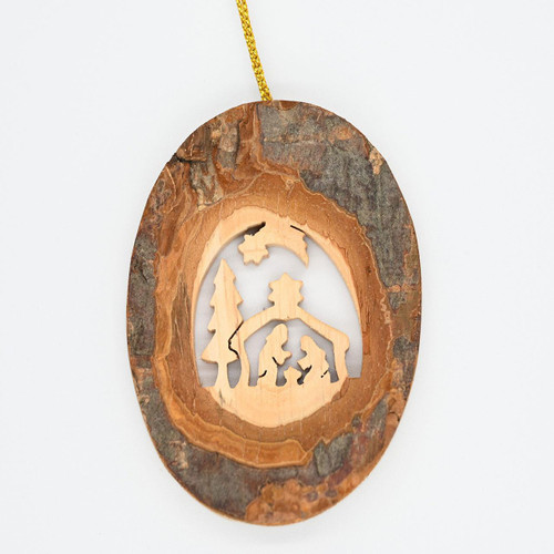 Oval Bark Nativity Scene Ornament