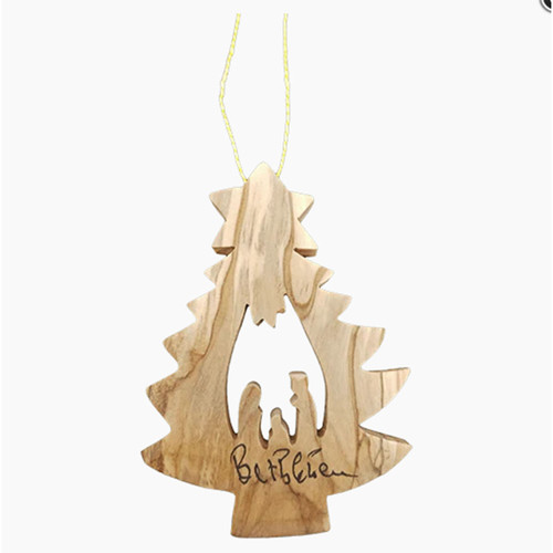 Olive Wood Pine Tree Nativity Ornament