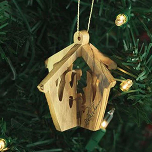 Detail of the 3D Olive Wood Nativity & Holy Family Ornament