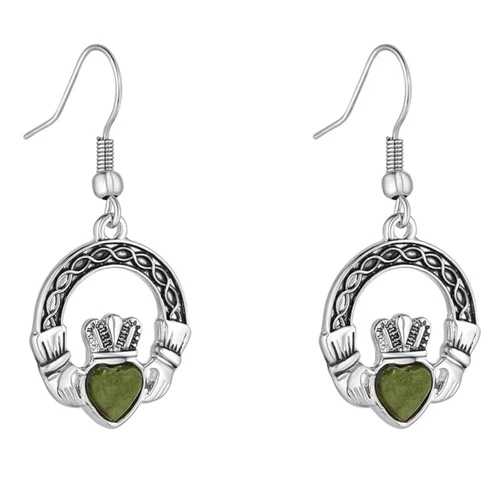 Rhodium Claddagh Connemara Marble Earrings