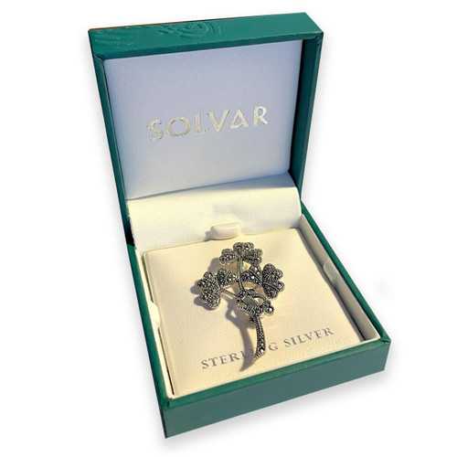 Sterling Marcasite Irish Shamrock Brooch in the gift box