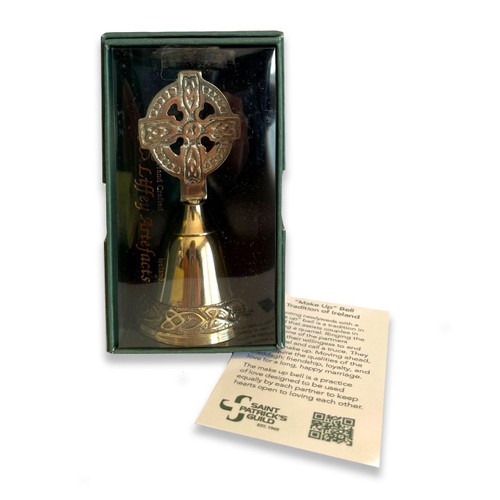 Small Brass Celtic Cross Bell in the gift box and the included information card on how to use it as an Irish "make-up" bell
