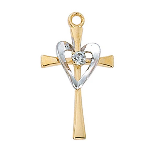 Detail of the 14KT Gold & Sterling Cross with Heart Necklace