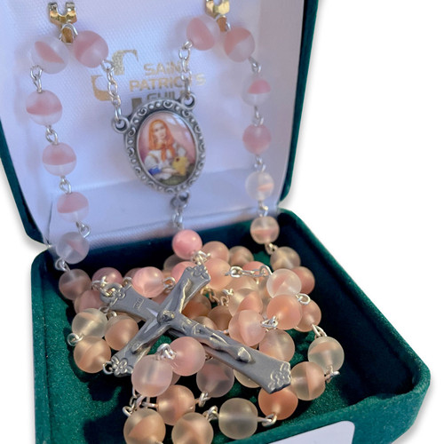 Pink Glass St. Dymphna Rosary shown in the gift box