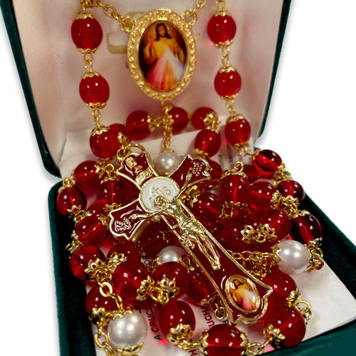 Divine Mercy Rosary with Red & White Beads shown in the gift box