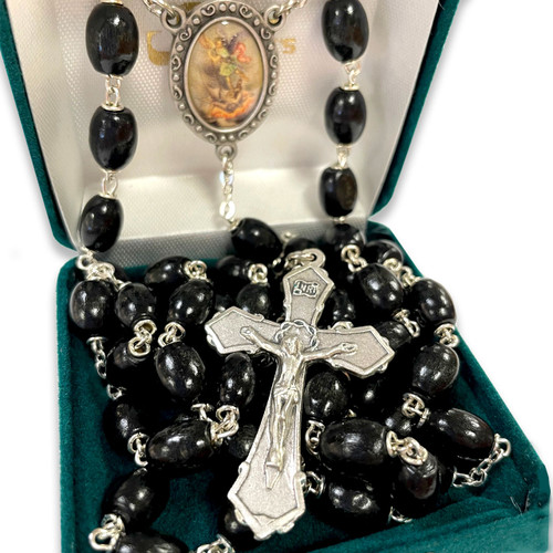 Black Wood St. Michael Rosary shown in the gift box