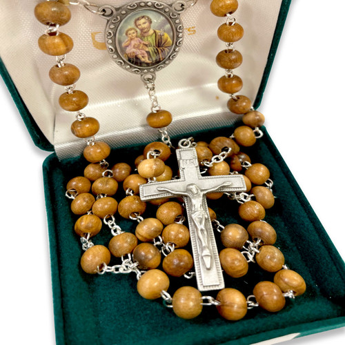 Olive Wood St. Joseph Rosary shown in a gift box