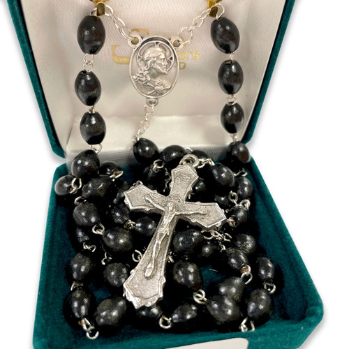 Black Wood Rosary with Scapular shown in the gift box