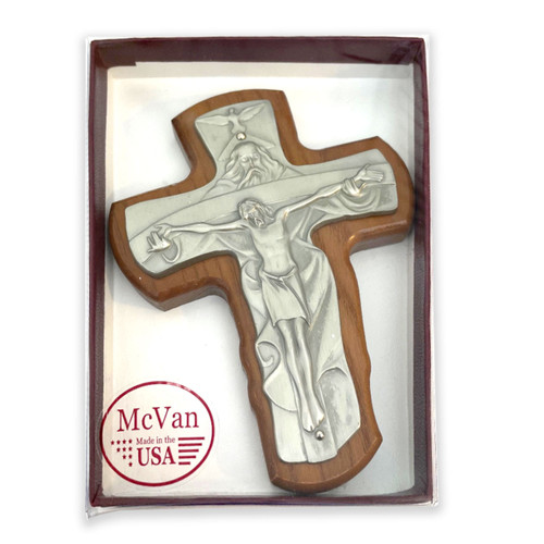 5-1/2IN Walnut Holy Trinity Wall Crucifix shown in the box7