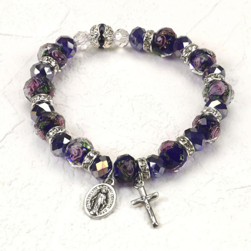 Dark Blue style of Painted Rose Crystal Rosary Bracelet