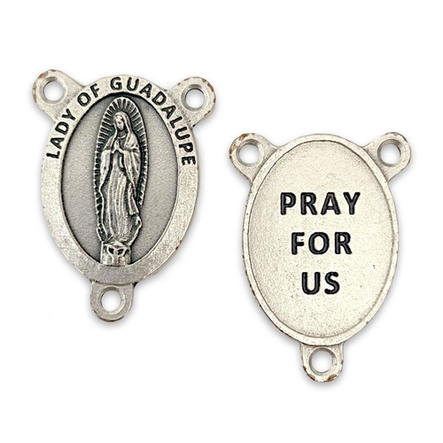 Lady of Guadalupe rosary centerpiece shows front with her image and the back with "pray for us"