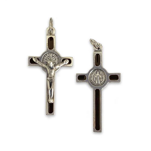 Both front and back shown of the Brown Enamel St. Benedict Crucifix