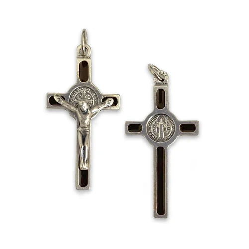 Both front and back shown of the Brown Enamel St. Benedict Crucifix