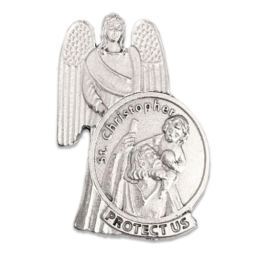 St. Chris & Angel Auto Visor Clip with angel standing behind circular image of St. Christopher