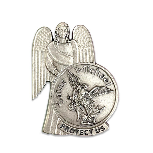Detail photo of Saint Michael auto visor with Angel standing behind a circular image of St. Michael slaying the demon