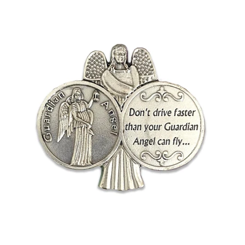Don't Drive Faster Guardian Angel Visor Clip showing the guardian angel and two round "token" circles with the angel in one and "Don't drive faster than your Guardian angel can fly" in the other