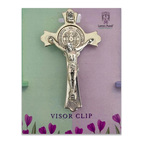 Packaging Detail of the Silver Budded Crucifix St. Benedict Visor Clip