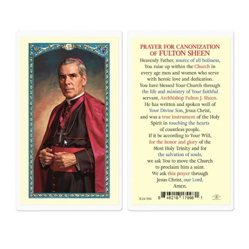Canonization Prayer Card for Fulton Sheen on a laminated holy card with Sheen shown in full Archbishop attire on the front
