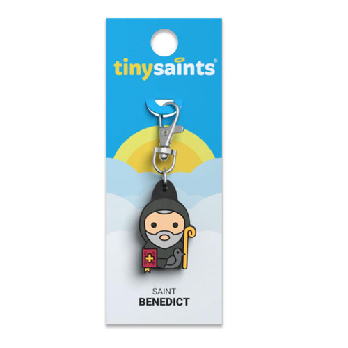 St. Benedict Tiny Saints Charm shown on packaging card