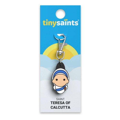 St. Teresa of Calcutta Tiny Saints Charm shown on packaging card with clip
