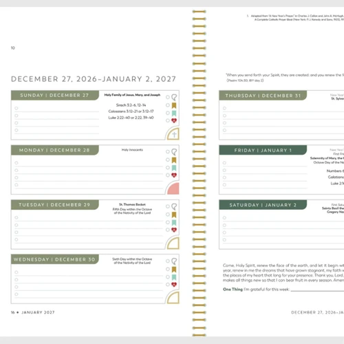 Inside horizontal weekly planner section of the Small Ascension 2027 Liturgical Planner