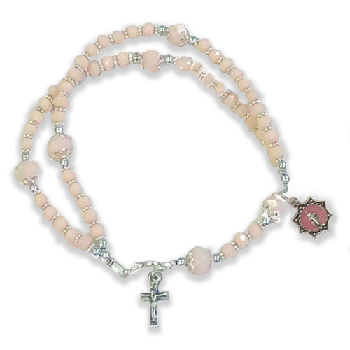 Pink Crystal Bracelet with crucifix and 8-pointed star with Mary in the center