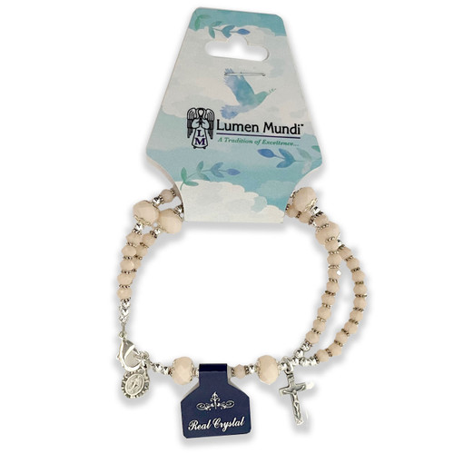 Peach Crystal Bracelet shown in it simple packaging