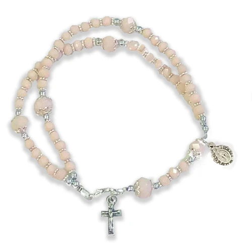 Peach Crystal Bracelet with two strands and a crucifix with an 8-pointed star with Mary in the center