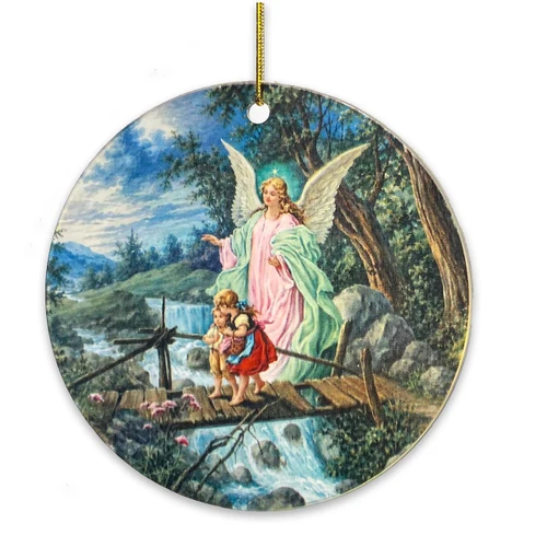 Guardian Angel Ornament Glass Disc showing Guardian Angel in pink watching over boy and girl crossing bridge
