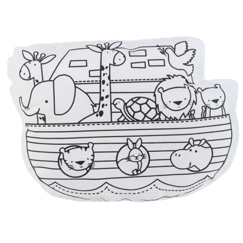 Detail of the fabric ark with the black and white drawing of animals on the ark.