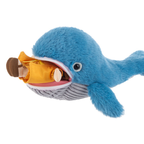Plush Jonah and the Whale Toy shown with Jonah placed inside the whale's mouth