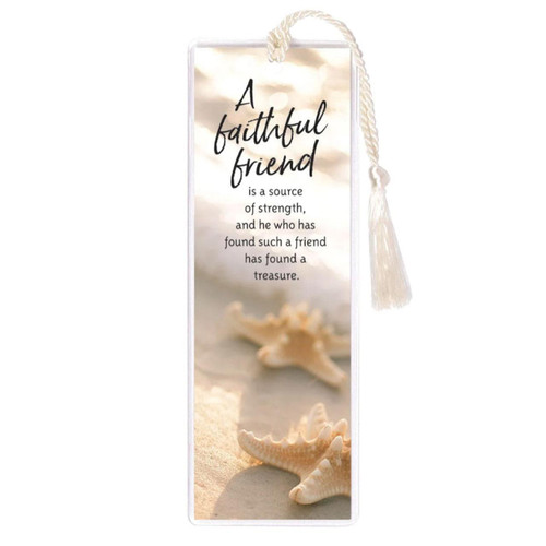 Faithful Friend Bookmark showing the artful lettering and warm pastel colors of the sea shell photo
