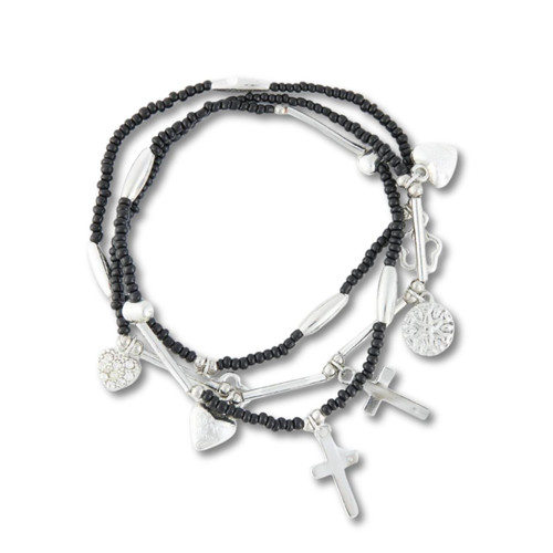 Beaded Charm Bracelet Set in Silver