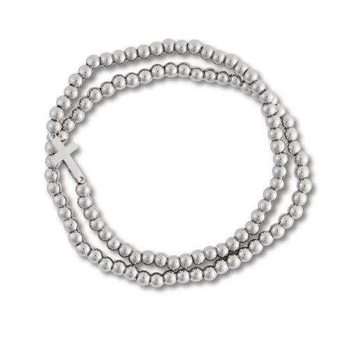 Waterproof Cross Stretch Bracelet Set in Silver
