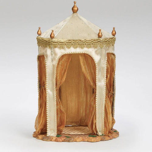 14IN Fontanini King's Tent as seen from the front with an open design and gold, shimmering fabric tied to the tent posts with artful finials on top and decorative gold trim.