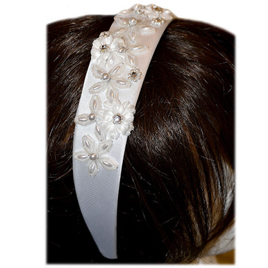 Satin Bow Headband W/ Pearl Cross First Communion Veil - F2022