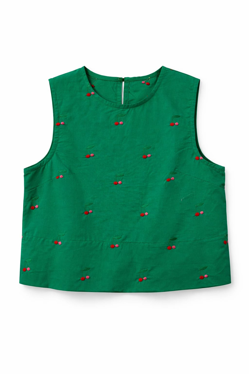 GREEN COTTON VEST WITH CHERRY EMBROIDERY
