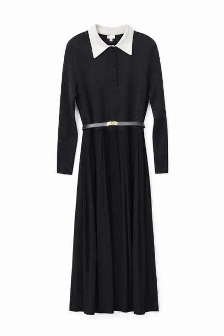 BLACK KNIT MAXI DRESS WITH WHITE COLLAR