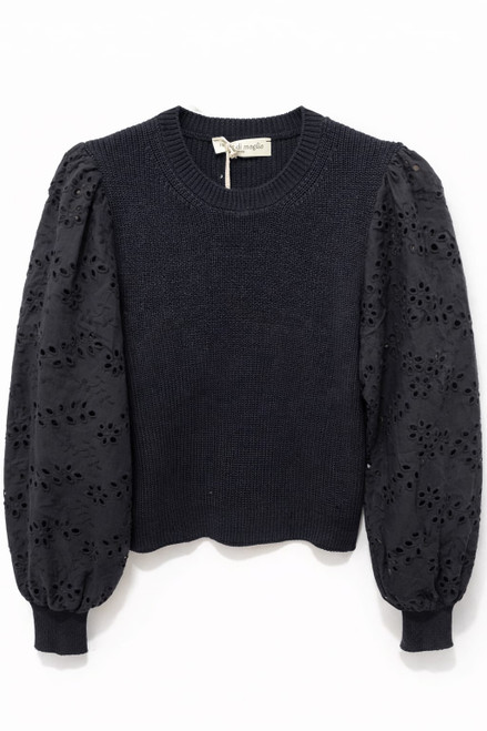BLACK RIBBED PULLOVER WITH EYELET SLEEVES