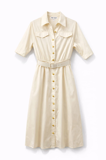 IVORY TAFETTA WAISTED DRESS WITH BELT