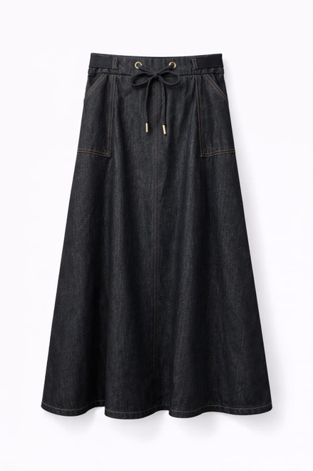 BLACK DENIM TWILL DRAWSTRING SKIRT