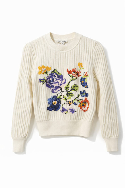WHITE KNIT SWEATER WITH FLORAL EMBROIDERY