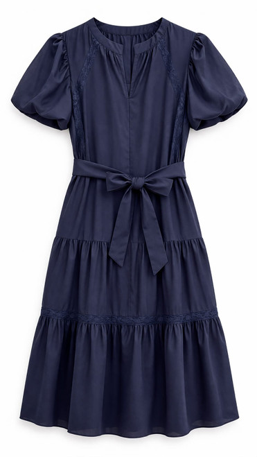 NAVY COTTON MIDI DRESS CONTRAST BELT