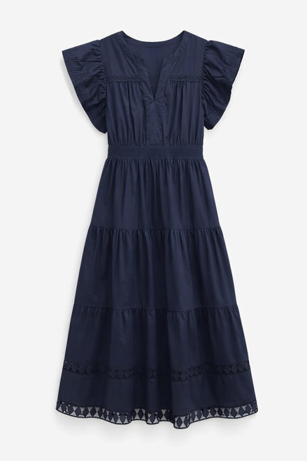 NAVY COTTON TIERED MIDI DRESS