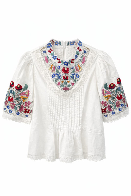 WHITE COTTON BLOUSE FLORAL EMBROIDERY