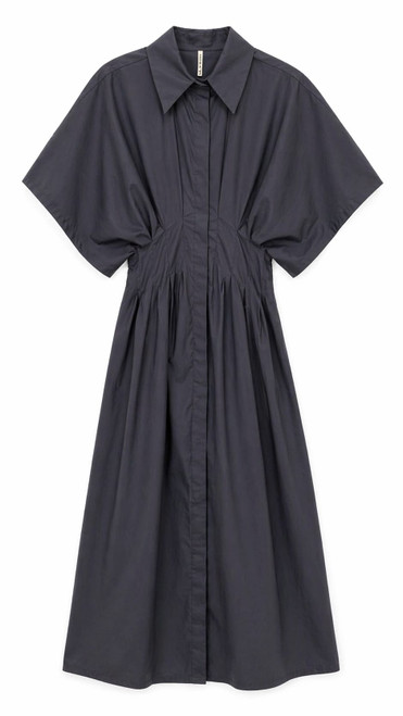 NAVY COTTON PLEATED CENTER DRESS