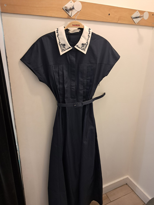 NAVY PLEATED TAFETTA JUMPER WITH BELT