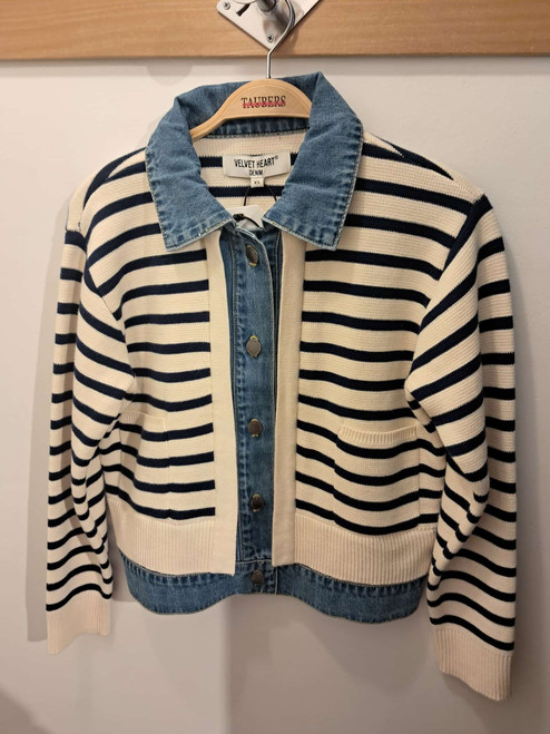 STRIPE CARDIGAN DENIM COLLAR