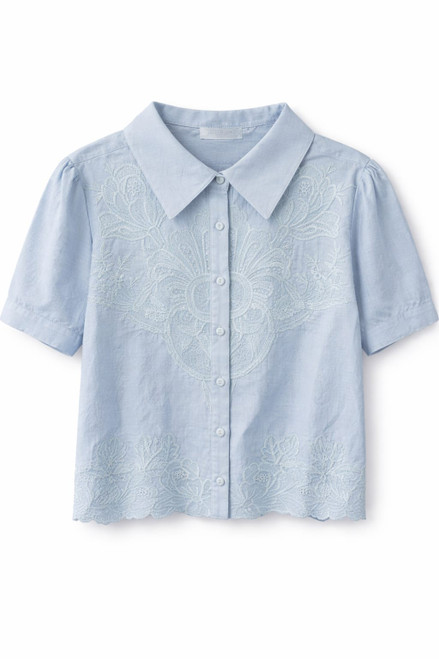 LIGHT BLUE COLLARD SHIRT WITH CENTER FLOWERS